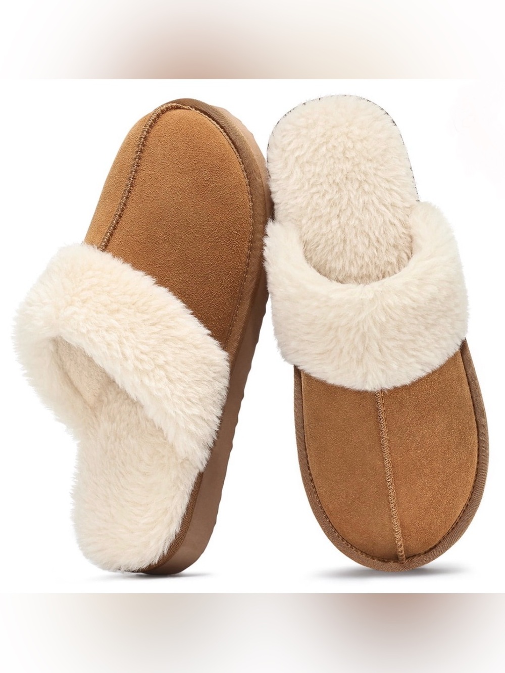New Women's Cozy Shearling-Lined Slip-On Slippers - Tan NWT